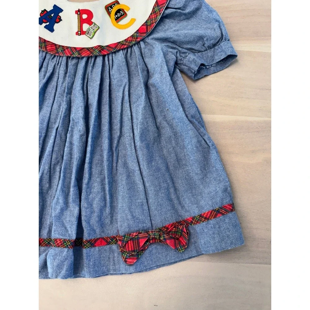 Vintage Girls Chambray Denim Dress ABC School Theme Made in USA 3T